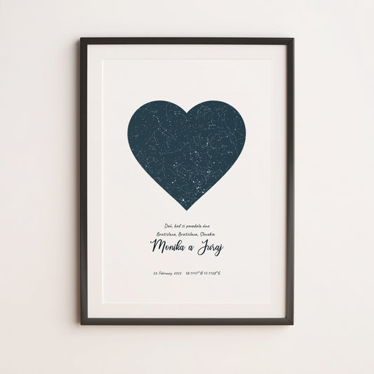 Hviezdna mapa v tvare srdca s textom a menami